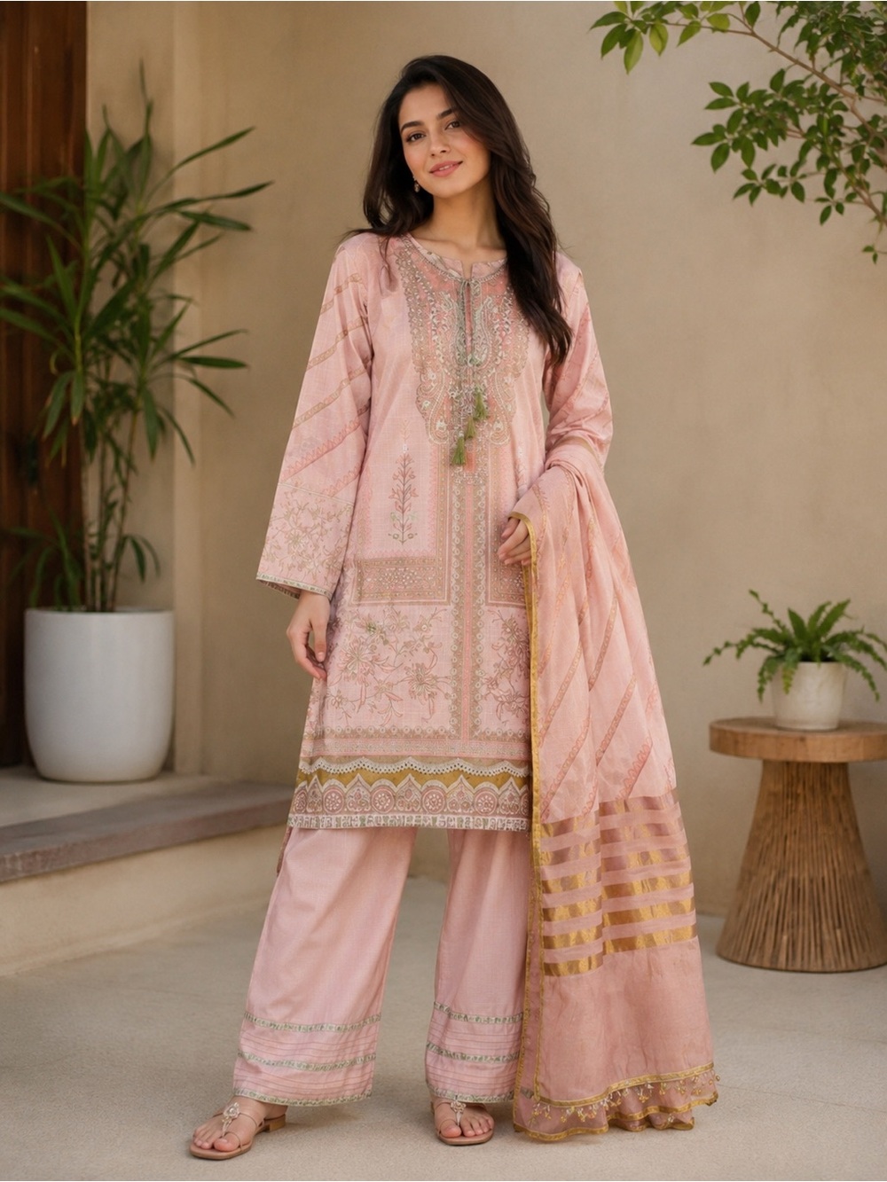 SANA SAFINAZ Elegant Pink Long Sleeve Embroidered Dress Set 3-pcs